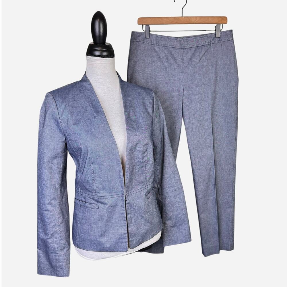Talbots Shiny Chambray Blue Collarless Blazer Ankle Pant Suit 2 Piece Set